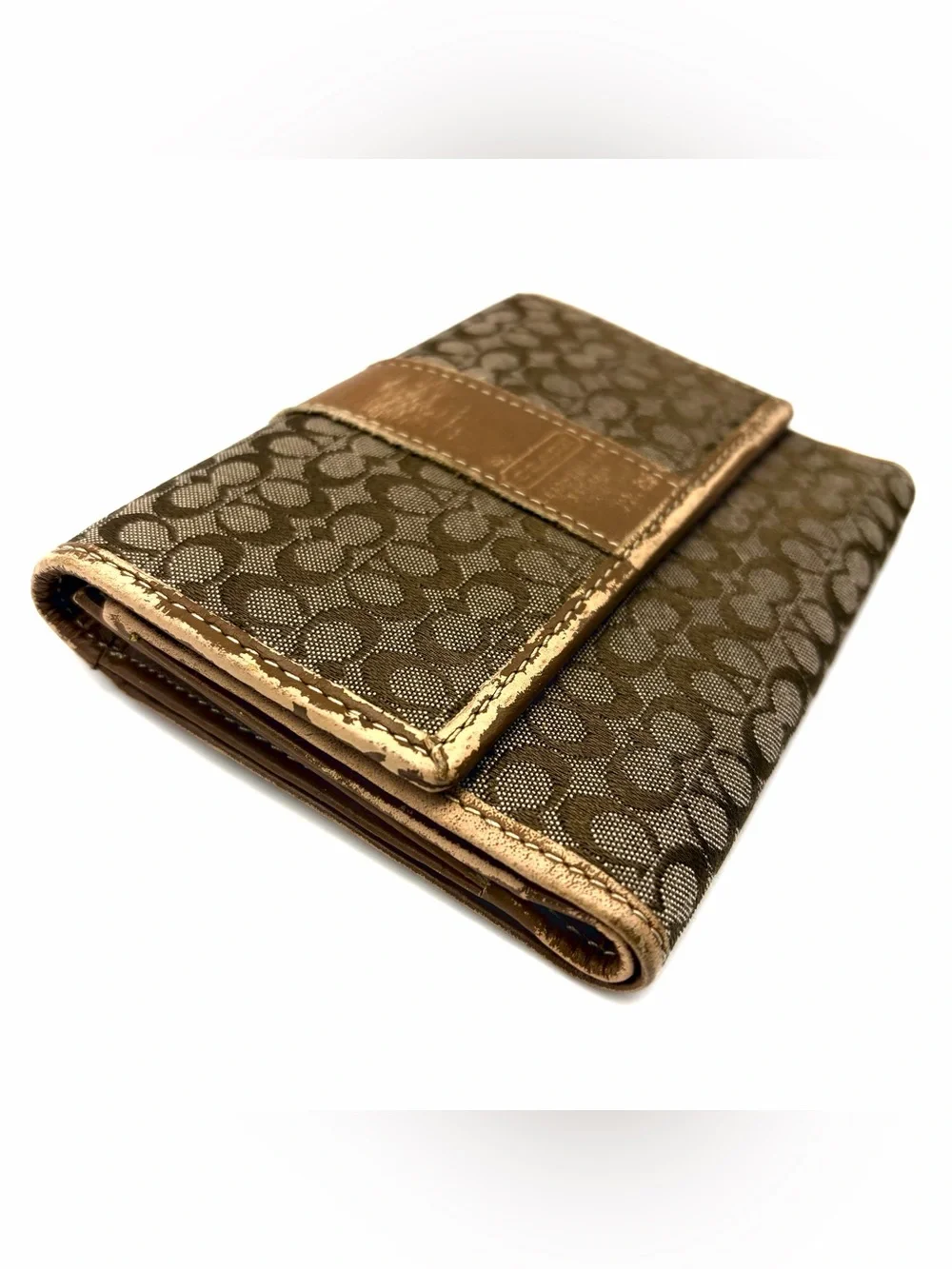 Coach Signature Tan Leather Canvas Card Bifold Wallet Holder Monogram Y2K Small